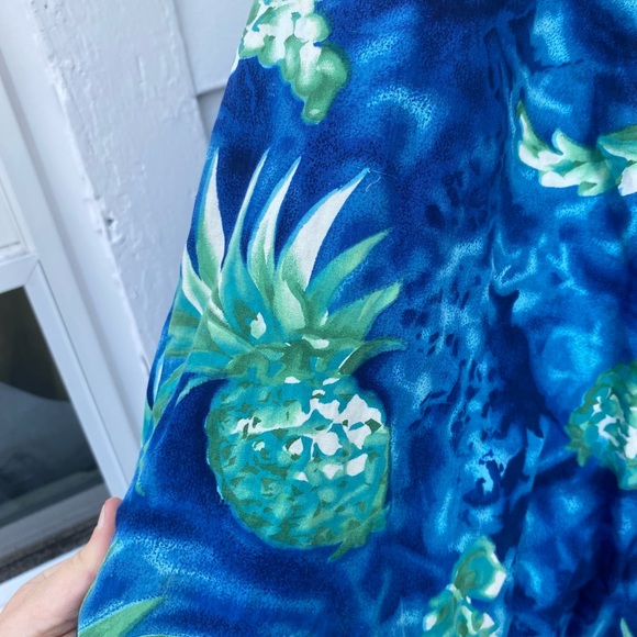 Vintage 1950s Kamehameha Hawaiian Pineapple Blue and Green Flowy Maxi Dress - Picture 4 of 6